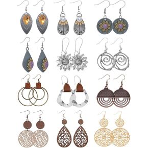 12 Pairs Boho Vintage Wooden Geometric Round Earrings Leather Ethnic Style Dangle Sunflower Earrings Statement Christmas Jewelry Trendy Stuff Holiday Festive Gift for Women Birthday Party Wedding in Saudi Arabia
