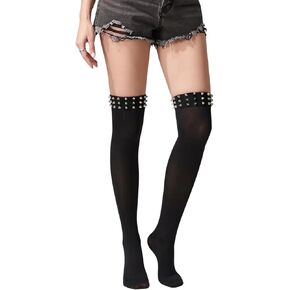 Meihuida Women Thigh High Socks Gothic Semi-Sheer Studded Over The Knee Stockings, Y2K Spiked Punk Rave Festival Clubwear in Kuwait