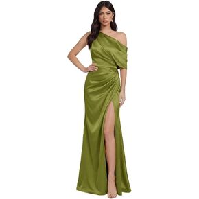 One Shoulder Mermaid Bridesmaid Dresses for Women 2026 Satin Pleated Long Bridesmaid Dress with Slit in Kuwait