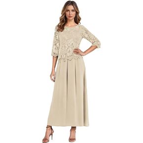 Chiffon Mother of The Bride Dresses for Women Lace Applique Scoop Neck Formal Wedding Guest Gown with 3/4 Sleeves HX046 in Saudi Arabia