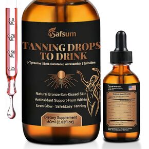 Tanning Drops to Drink - Natural Sunless Tanning Glow Drops with Beta-Carotene, Astaxanthin, L-Tyrosine & Spirulina, Support Natural Bronze Skin & Antioxidant Defense, 60ml, 30-Day Supply in Saudi Arabia
