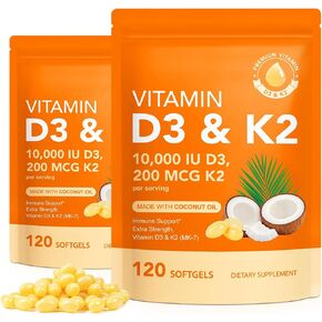 2 Bag Vitamin D3 K2 Supplement Softgel, Vitamin D3 K2 Softgel with 10000 IU Supports Immune, Heart, Teeth & Bone Health, Free of GMO, Gluten, Soy in Saudi Arabia