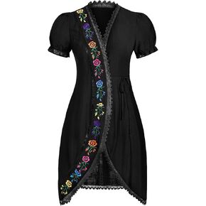 ABEHIK Mexican Embroidered Dress for Women Traditional Short Sleeve V Neck Tie Side Fiesta Wrap Dresses Cinco de Mayo Outfit in Saudi Arabia