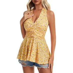 Women's Sexy Halter V Neck Cami Sleeveless Spring Summer Beach Peplum Babydoll Tops Going Out in Saudi Arabia