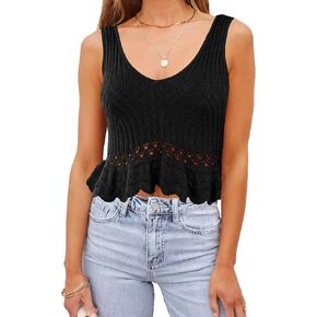 Womens Crochet Crop Tank Tops Summer Cute Sleeveless Ruffle V Neck Knit Peplum Sweater Vest in Saudi Arabia