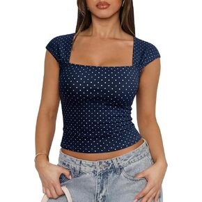 Women's Polka Dot Top Square Neck Crop Tank Cotton Shirt Summer Y2K Babydoll Top in Saudi Arabia