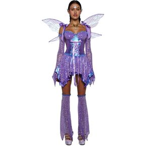 مجموعة أزياء Dolls Kill Cyber ​​Fairy من Trickz N' Treatz - فستان جنية نسائي مزين بالترتر مع أجنحة وإكسسوارات in Kuwait