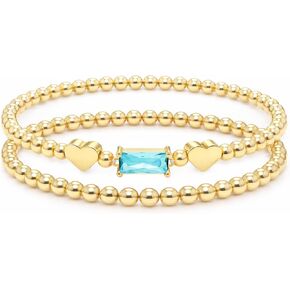 Dainty Birthstone Bracelets for Women - Stretch Elastic 14K-Gold-Plated Bead Bracelet Trendy Heart Friendship Bracelets Stack Birthday Gifts Trendy Stuff Valentines Day Gifts for Her in Saudi Arabia
