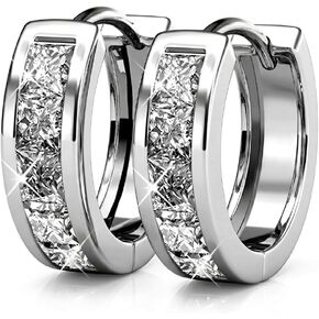 Silver Plated Cubic Zirconia Hoop Earrings - Princess Cut Channel Set Huggie Hoops, Elegant Jewelry for Women for Daily Wear and Special Occasions in Saudi Arabia