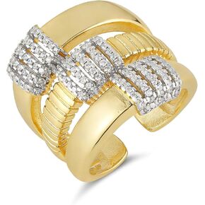 HZMAN 14K Gold Plated Brass Open Ring Collection for Women, Non-Adjustable Crystal Inlay Statement Rings, Wide Band Cocktail Jewelry Assorted Styles in Kuwait