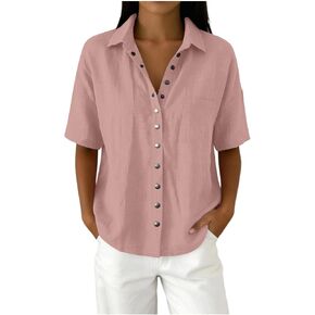 Womens Linen Short Sleeve Button Down Shirts Summer Casual Snap Button Shirt Cotton Gauze Blouses Tops with Pocket in Saudi Arabia