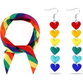 Rainbow Pride Set Rainbow Striped Scarf & Heart Dangle Earrings for Pride Parade, Celebrations, and Everyday Wear in Saudi Arabia