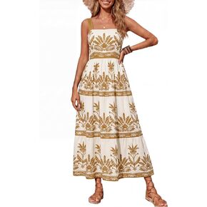Simplee Womens Summer Boho Floral Maxi Dress Casual Flowy Sleeveless Square Neck Beach Vacation Sun Dresses with Pockets in Saudi Arabia