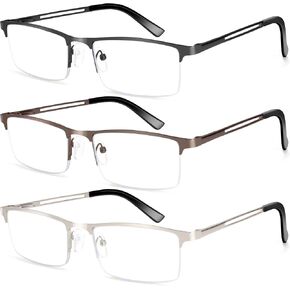 3 Pack Reading Glasses Men - Blue Light Blocking Metal Semi Rimless Mens Readers for Computer Use, Square Eye Glasses with Spring Hinge (H1 Black & Silver & Brown, 1.50) in Saudi Arabia