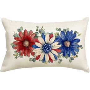 RABUSOFA 4th of July Patriotic Throw Pillow Covers,12x20 Inch Memorial Day Red White and Blue Floral Outdoor Lumbar Cushion Case Decoration for Home Couch(6-12)(12"x20") in Saudi Arabia