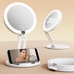 Travel Makeup Mirror with Lights (Gen 3) - 20X/1X Dual Sided Magnifying Mirror with Digital Power Display - Rechargeable, 3 Color Dimmable, CRI 95+ - Portable Folding Mirror for Desk & Travel in Saudi Arabia