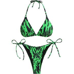 Gothic Letters Graffiti Printed Plunging Halter Backless String Bikini Set in Saudi Arabia