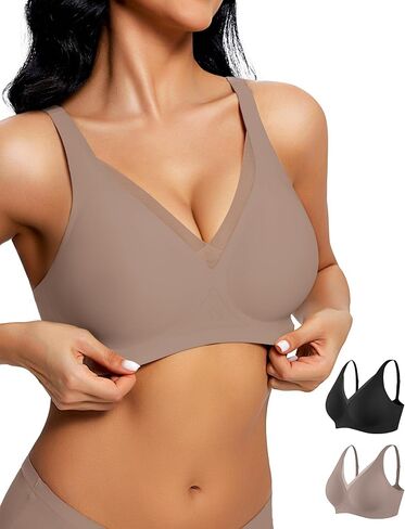 2-Pack Wireless Jelly Bra for Women, No Underwire Seamless V Neck Mesh Bralette, Comfort Support Push Up Tshirt Bras in Saudi Arabia