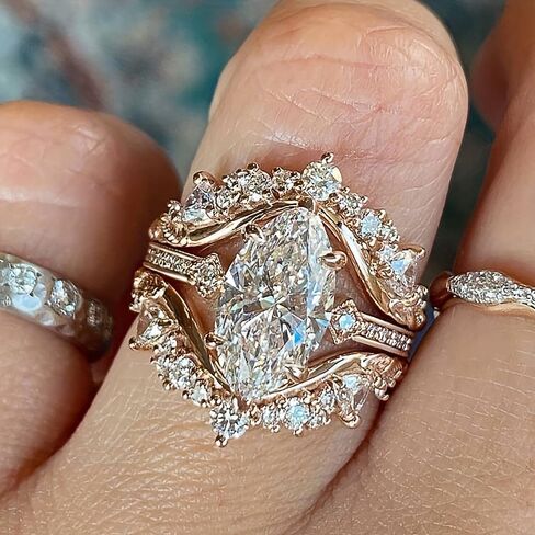 Gorgeous Marquise Cut Cubic Zirconia Ring for Women 3Pc/Set Elegant Accessories Female Luxury Jewelry for Wedding Ceremony Party in Kuwait