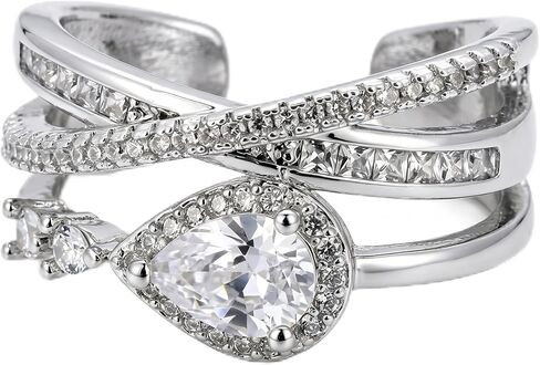 Women's Luxury Ring | Layered Crisscross Teardrop Cubic Zirconia Ring | Silver Color Adjustable Open Band | Hypoallergenic Unique Minimalist Statement Index Finger Ring in Kuwait