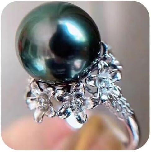 Peacock Green Tahitian Pearl Ring – 925 Silver Platinum-Plated Vintage Floral Halo Ring | Natural Cultured Pearl | Luxury Designer Jewelry | Valentine's Gift Size 9 in Saudi Arabia