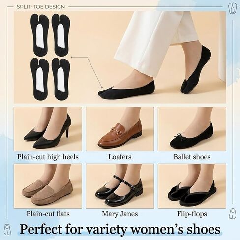 4 Pairs No Show Tabi Socks for Women, Split Toe Design Flip Flop Socks Non-Slip Liner Sock Cotton Thin Invisible Sock for Flats Sneakers Loafers Sandals (Black) in Saudi Arabia