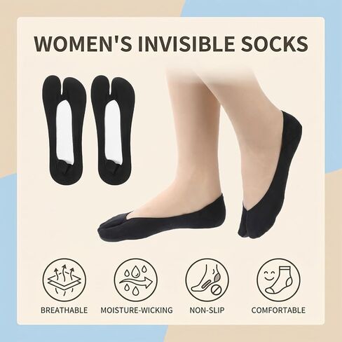 4 Pairs No Show Tabi Socks for Women, Split Toe Design Flip Flop Socks Non-Slip Liner Sock Cotton Thin Invisible Sock for Flats Sneakers Loafers Sandals (Black) in Saudi Arabia