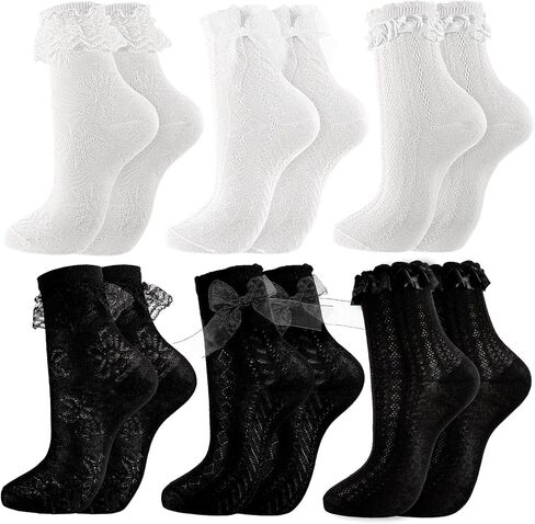 6 Pairs Women's Lace Ruffle Crew Socks - Frilly Ankle Sock with Bows, Soft Breathable Cotton Cute Princess Socks for Women Girls, Fashion Feminine Dress Sock in Saudi Arabia