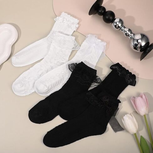 6 Pairs Women's Lace Ruffle Crew Socks - Frilly Ankle Sock with Bows, Soft Breathable Cotton Cute Princess Socks for Women Girls, Fashion Feminine Dress Sock in Saudi Arabia