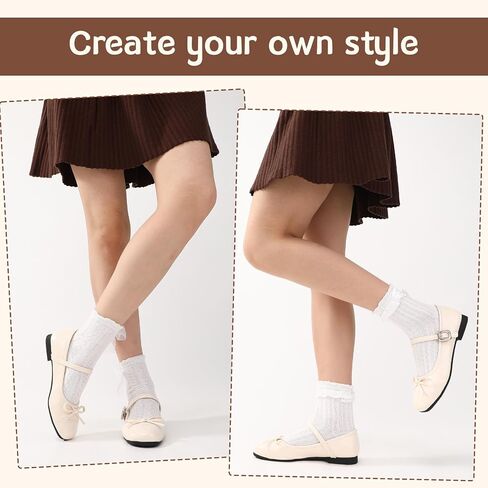 6 Pairs Women's Lace Ruffle Crew Socks - Frilly Ankle Sock with Bows, Soft Breathable Cotton Cute Princess Socks for Women Girls, Fashion Feminine Dress Sock in Saudi Arabia