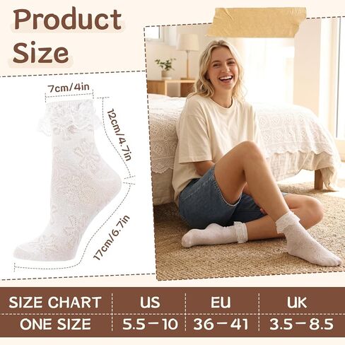 6 Pairs Women's Lace Ruffle Crew Socks - Frilly Ankle Sock with Bows, Soft Breathable Cotton Cute Princess Socks for Women Girls, Fashion Feminine Dress Sock in Saudi Arabia