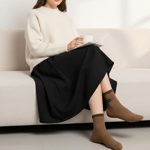 Molain 5 Pairs Ribbed Crew Socks, Brown and Beige Striped Soft Cotton Blend Neutral Tones Comfortable Everyday Socks for Women and Teens Fits Shoe Size 5-9 in Saudi Arabia