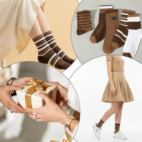 Molain 5 Pairs Ribbed Crew Socks, Brown and Beige Striped Soft Cotton Blend Neutral Tones Comfortable Everyday Socks for Women and Teens Fits Shoe Size 5-9 in Saudi Arabia