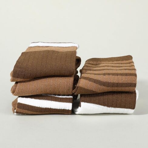 Molain 5 Pairs Ribbed Crew Socks, Brown and Beige Striped Soft Cotton Blend Neutral Tones Comfortable Everyday Socks for Women and Teens Fits Shoe Size 5-9 in Saudi Arabia
