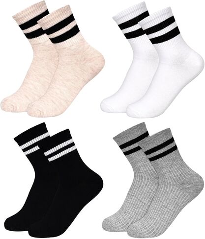 4 Pairs Striped Crew Socks for Women Vintage Style Breathable Ankle Socks for Women Fits US Women's Shoe Size 9-11 in Saudi Arabia