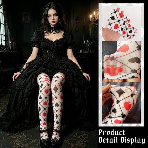 Knee High Socks Alice Playing Card Print Thigh High Sheer Cute Anime Cosplay Stockings, Harajuku Y2K Alt Fashion Leggings for Women Tea Party, Festival Halloween or Daily in Kuwait