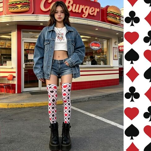 Knee High Socks Alice Playing Card Print Thigh High Sheer Cute Anime Cosplay Stockings, Harajuku Y2K Alt Fashion Leggings for Women Tea Party, Festival Halloween or Daily in Kuwait