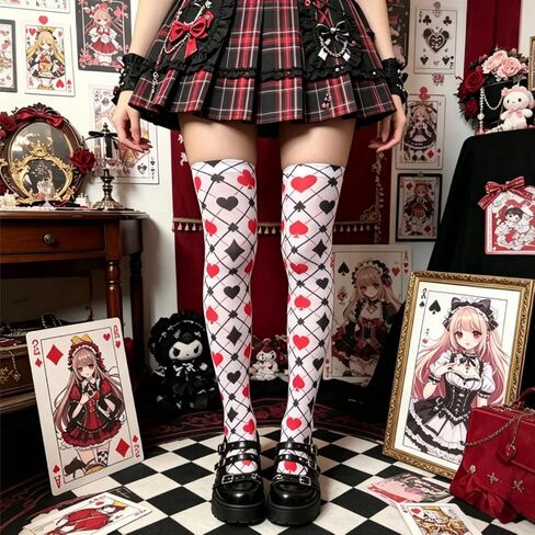 Knee High Socks Alice Playing Card Print Thigh High Sheer Cute Anime Cosplay Stockings, Harajuku Y2K Alt Fashion Leggings for Women Tea Party, Festival Halloween or Daily in Kuwait