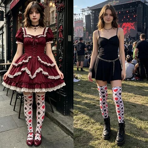 Knee High Socks Alice Playing Card Print Thigh High Sheer Cute Anime Cosplay Stockings, Harajuku Y2K Alt Fashion Leggings for Women Tea Party, Festival Halloween or Daily in Kuwait