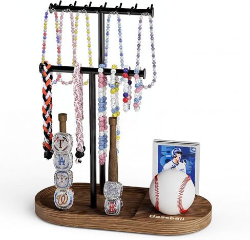 Wooden Baseball Drip Necklace Organizer Holder,3 Tier Baseball Display Stand with 14 Hooks, Championship Ring Display Holder, Sports Ring Holder, Necklace Baseball Themed Jewelry Storage Display Gift in Saudi Arabia