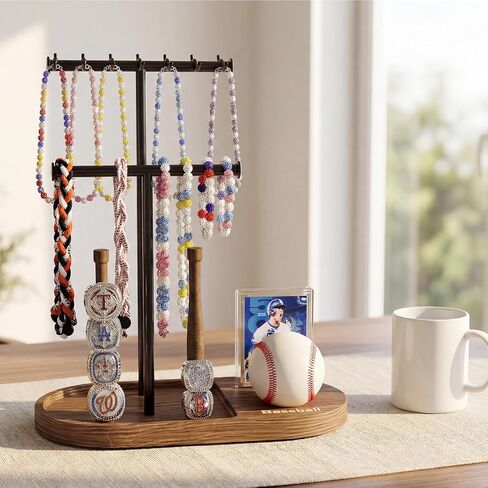 Wooden Baseball Drip Necklace Organizer Holder,3 Tier Baseball Display Stand with 14 Hooks, Championship Ring Display Holder, Sports Ring Holder, Necklace Baseball Themed Jewelry Storage Display Gift in Saudi Arabia