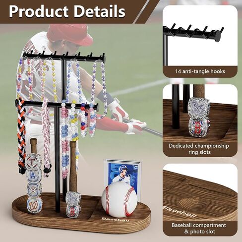 Wooden Baseball Drip Necklace Organizer Holder,3 Tier Baseball Display Stand with 14 Hooks, Championship Ring Display Holder, Sports Ring Holder, Necklace Baseball Themed Jewelry Storage Display Gift in Saudi Arabia