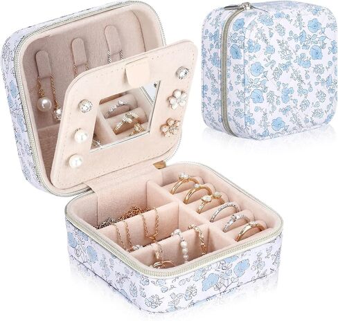 Blue Floral Travel Jewelry Case Quilted Small Jewelry Organizers and Storage Box Gifts with Mirror for Women Girls to Organize Rings, Necklaces Earrings Bracelet Little Accessories Holder in Saudi Arabia
