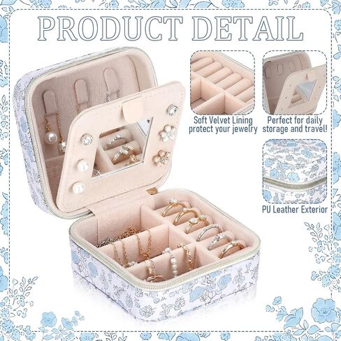 Blue Floral Travel Jewelry Case Quilted Small Jewelry Organizers and Storage Box Gifts with Mirror for Women Girls to Organize Rings, Necklaces Earrings Bracelet Little Accessories Holder in Saudi Arabia