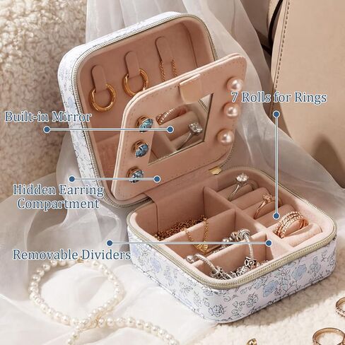 Blue Floral Travel Jewelry Case Quilted Small Jewelry Organizers and Storage Box Gifts with Mirror for Women Girls to Organize Rings, Necklaces Earrings Bracelet Little Accessories Holder in Saudi Arabia