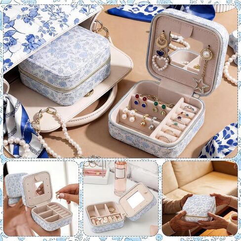 Blue Floral Travel Jewelry Case Quilted Small Jewelry Organizers and Storage Box Gifts with Mirror for Women Girls to Organize Rings, Necklaces Earrings Bracelet Little Accessories Holder in Saudi Arabia