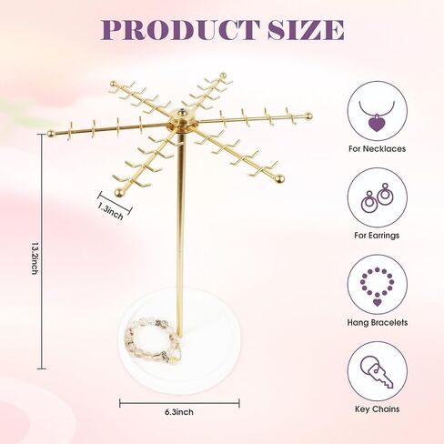 Jewelry Organizer, Rotating Necklace Holder with 48 Hooks - Large Capacity Tangle-Free Stand for Bracelet Keychains Earring, Gold Display for Vanity & Boutique, Gift for Women in Saudi Arabia