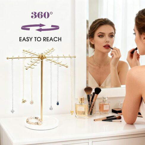 Jewelry Organizer, Rotating Necklace Holder with 48 Hooks - Large Capacity Tangle-Free Stand for Bracelet Keychains Earring, Gold Display for Vanity & Boutique, Gift for Women in Saudi Arabia