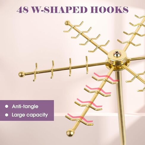 Jewelry Organizer, Rotating Necklace Holder with 48 Hooks - Large Capacity Tangle-Free Stand for Bracelet Keychains Earring, Gold Display for Vanity & Boutique, Gift for Women in Saudi Arabia