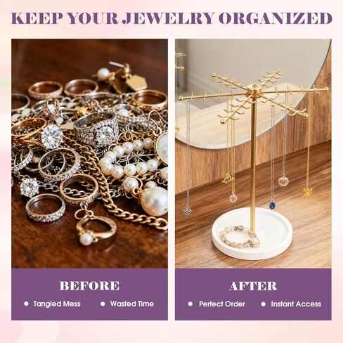 Jewelry Organizer, Rotating Necklace Holder with 48 Hooks - Large Capacity Tangle-Free Stand for Bracelet Keychains Earring, Gold Display for Vanity & Boutique, Gift for Women in Saudi Arabia